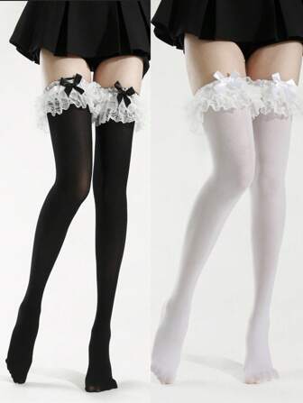 1 Pair Japanese Style Lace Bow Multi-Layer Floral Thigh High Stockings, Slim Fit Lolita Ballet Over-The-Knee Socks, Y2k