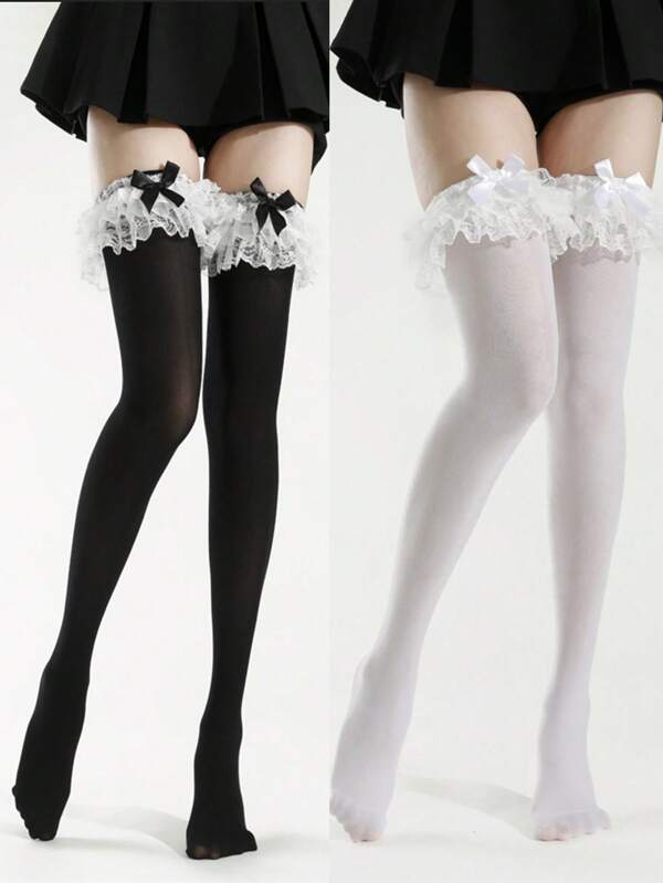 1 Pair Japanese Style Lace Bow Multi-Layer Floral Thigh High Stockings, Slim Fit Lolita Ballet Over-The-Knee Socks, Y2k