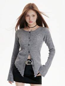 Asymmetrical Frill Trim Knit Cardigan Tops For Women, Flare Sleeve Fitted Soft & Cozy Sweater For Autumn/Winter - Grey - View 5