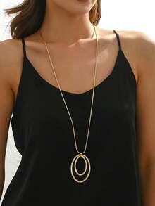 1 件双层椭圆形金吊坠长项链，复古夸张时尚珠宝项链，男女通用日常佩戴 - 金黃色 - 查看 2