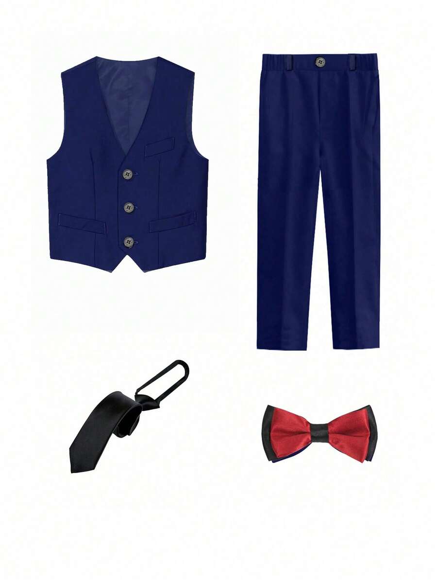 四件套青少年男童正装套装，包括马甲、裤子、领带和领结。 - 藍色 - 查看 1