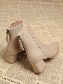 2025秋季新款优雅简约杏色粗跟尖头踝靴，百搭时尚女式踝靴，秋冬款 - 杏色 - 查看 5