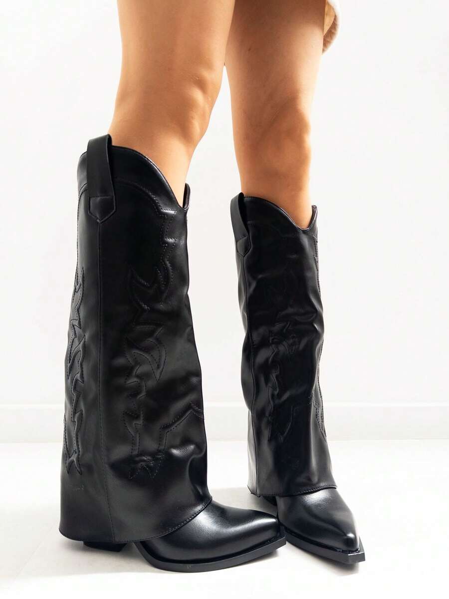 VIKIVIKI SHOES High-Top Cowboy Boots With A Pointed Toe. Elegant Design With Decorative Embroidery And A Glossy Finish, Perfect For Urban Or Western-Inspired Looks. Comfortable For Everyday Wear Thanks To Their Firm Sole And Stable Insole. Estimated Delivery: 1-3 Business Days (Mainland).