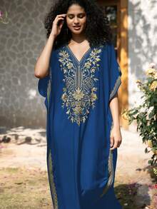 Royal Blue Embroidered Dubai Style Casual Short Sleeve Robe For Women - Royal Blue - View 3