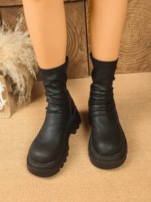 Women's Round Toe Chunky Heel Fashion Versatile Short Ankle Boots, Autumn/Winter - Black - View 4