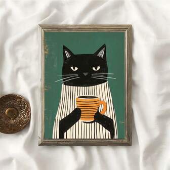 1 pieza Impresión artística en lienzo minimalista vintage de un gato negro de 2D plano - Decoración de pared sin marco de 12x16 pulgadas con rayas verdes y blancas, gato juguetón sosteniendo una taza de café para la cocina, el dormitorio, la oficina, la cafetería - Póster de lienzo de alta calidad, decoración de gato, obra de arte para el dormitorio, estética clásica