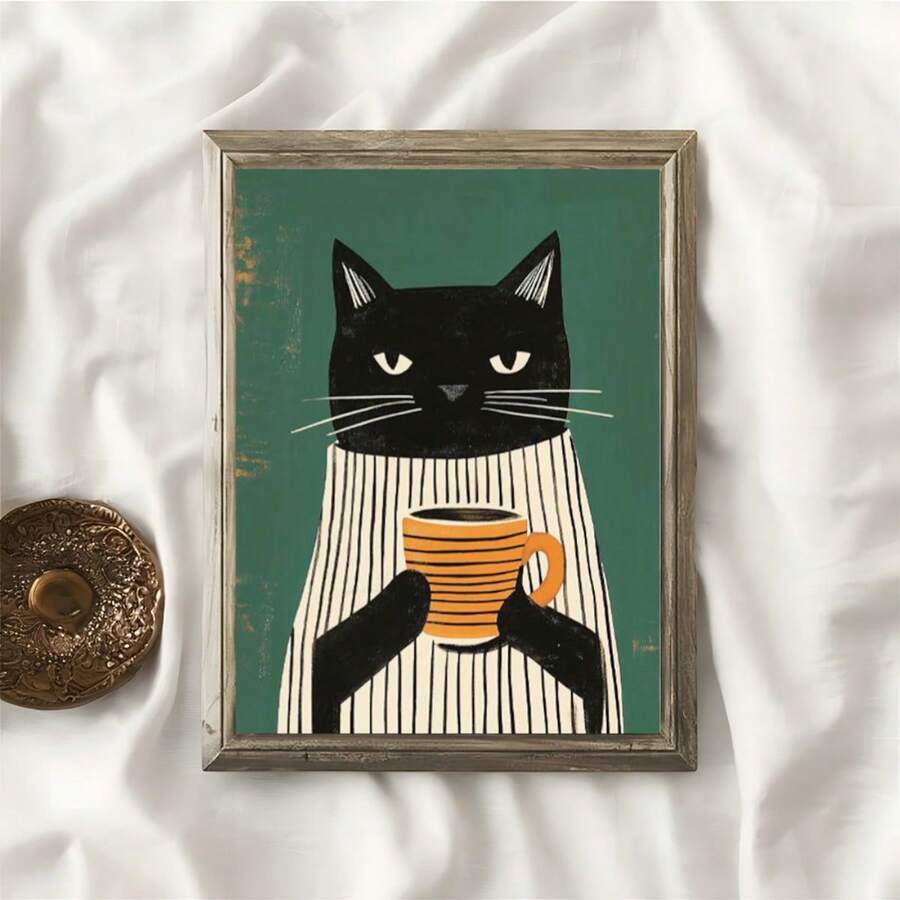 Vintage Minimalist Black Cat Cafe Canvas Art Decor, Green & White Stripes, Playful Cat Holding Coffee Cup, Suitable For Kitchen, Bedroom, Office And Cafe - High Quality Canvas Poster, Cat Decoration - Multicolor - View 1