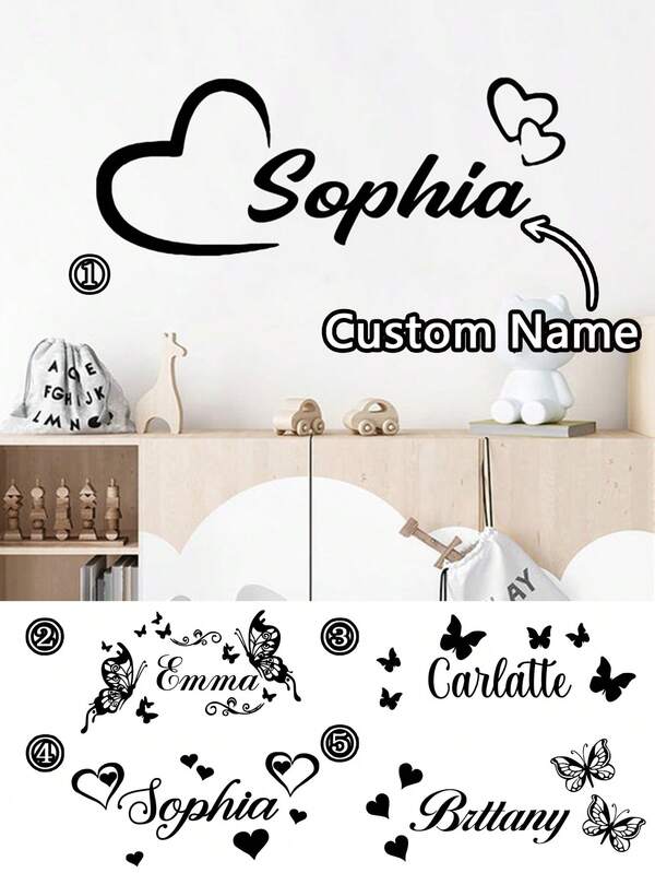 1Pc Cartoon Personalize Custom Name Heart Shaped Sticker Butterfly Wall Sticker Pvc Wall Stickers Wall Art Wall Paper For Living Room Bedroom Decal Creative Stickers Decorative Gifts,Fashionable Personalized Stickers, Available In Pink, Black, And White, Suitable For Home Decoration, Room Decoration, Bedroom Decoration, And Campus Decoration