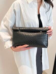 时尚纯色手提包，大容量翻盖磁扣小方包，鳄鱼纹女包，百搭晚宴包，适合女性聚会、旅行、购物 - 黑色 - 查看 3