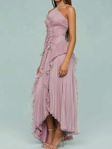 Womens Halter Maxi Dress Sleeveless Backless Tie Up Ruffle Tassel Flounce Party Club Dresses - Mauve Purple - View 3