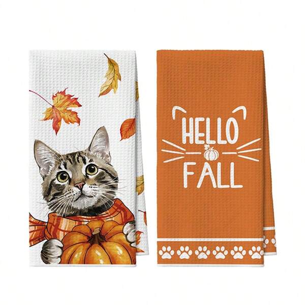 2pcs Waffle Fabric Kitchen Towels, Orange Cat & Pumpkin Print, Autumn Decor, Thanksgiving Gift, Cooking Baking Tea Towels, Dish Cloths, Super Soft & Absorbent, Kitchen Decor, Neighbor Gift, Mom Gift, Birthday Gift, Housewarming Gift For Friends, Kitchen Accessories, Household Essentials Shower Towels For Beaty Salon, Hotel Sports,Home Essentials, Towel, Skin Care