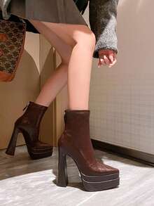 女士尖头超高跟厚底踝靴，粗跟弹力拉链靴，2025秋冬新款，派对装扮 - 棕色 - 查看 2
