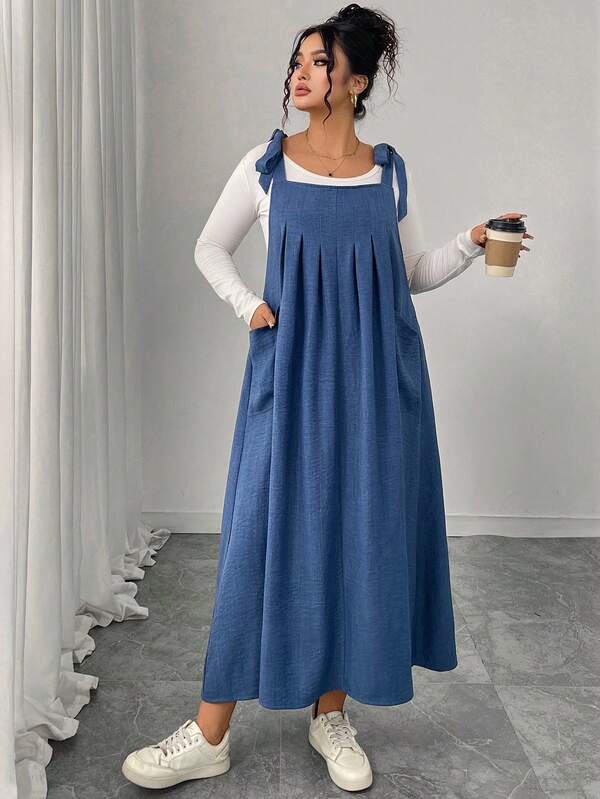 Abito midi da donna taglie forti con stampa floreale e doppia tasca con cinturini