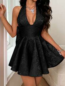 WOWDARK Summer Dress, Black Elegant Backless Bowknot Spaghetti Strap V-Neck Jacquard Party Dress For Women, Suitable For Valentine's Day, Dates, Gatherings, Parties, Travel, Vacation, Beach And Other Occasions - Black - View 6