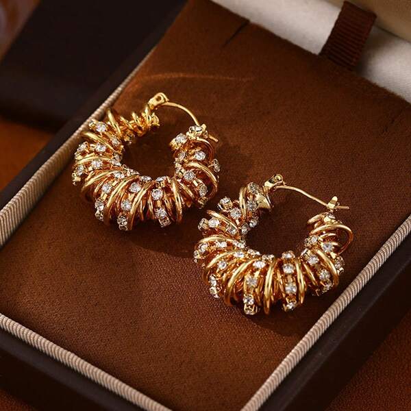 1 Pair Metal Copper Inlaid Synthetic Zirconia U-Shaped Twisted Hoop Earrings, Exaggerated Design To Flatter Face, Suitable For Women's Daily Wear, Jewelry Gift, Sparkling