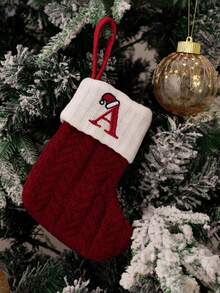 1pc Classic Christmas Stocking - Red And White Knitted Embroidered Alphabet Letter, Modern Style Holiday Polyester Candy Cane Decor, Festive Xmas Tree Hanging Ornament, Soft, Durable, Easy To Hang, Perfect For Holiday Season, Home Fireplace, New Year, Indoor And Outdoor Decor, Gift Bag, Christmas Decor Home Decor Christmas Decorations Room Decor