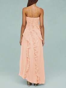 Women Ruffle Pleated Long Dress Sleeveless Halter Irregular Tiered Pleated Flowy Chiffon Dresses For Wedding Guest - Dusty Pink - View 3