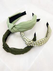 3件套女士绿色格子纯色宽结发带，优雅甜美，适合日常通勤，发箍，发圈，发饰，头饰 - 綠色 - 查看 5