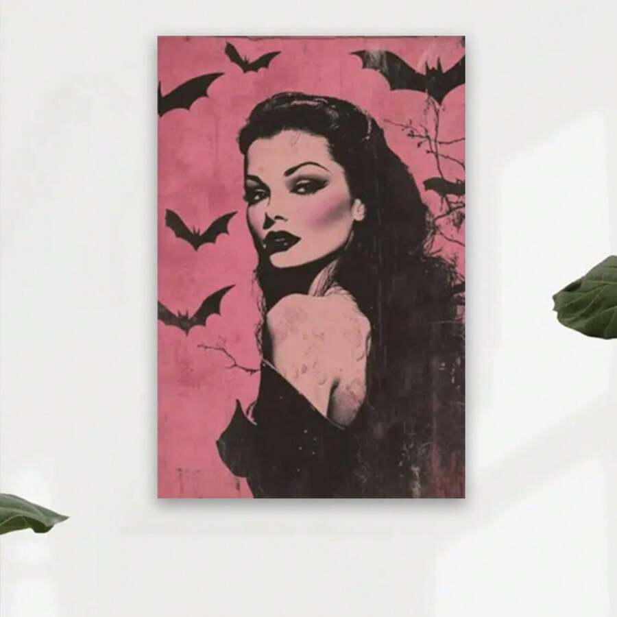 Framed 1pc Canvas Poster Vintage 50s Vampira Art Print Gothic Halloween Wall Decor Retro Horror-Inspired Pink And Black Illustration Vintage Style Vampire Art Room Aesthetic Poster Gallery Dorm Bedroom Poster - Framed(框架) - 查看 1