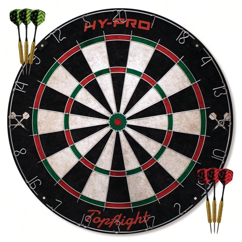 Hy-Pro Topflight Dartboard - Dart Board Set, 6x 18g Steel Tip Darts, Staple Free Bulls Eye - Black - View 1
