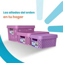 Caja almacenamiento 17 litros con tapa diseño minimalista moderna organizador plástico resistente almacenaje hogar contenedor hermético apilable multiusos para casa oficina - Lila Púrpura - Ver 5