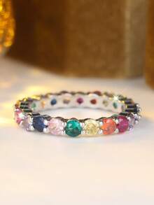 Vanel 1pc Luxury Full Eternity Cubic Zirconia Ring, Jewelry Gift For Girlfriend, Classmate - Silver-multicolor - View 2