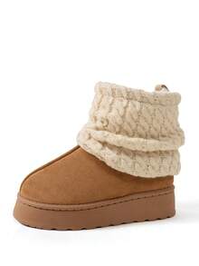 秋冬可爱保暖厚底舒适靴子，时尚百搭毛绒内衬短筒个性修身防滑针织袜雪地靴，毛皮靴 - 咖啡 - 查看 6
