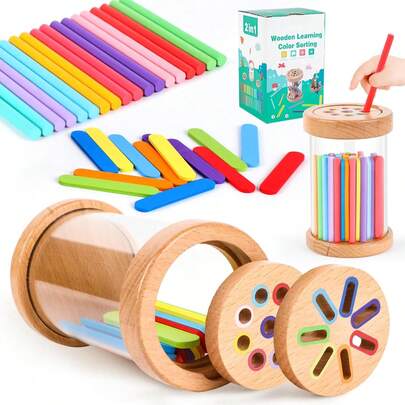 2-In-1 Montessori Color Sorting Wooden Toys For Toddlers, Cylinder And Flat Wooden Rods, Color Math Pre-School Learning Activity, Fine Motor Skills Sensory Toys