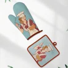 Heat Resistant Oven Gloves & Pot Holders, Cartoon Apron With Mom Pattern Microwave Gloves, Polyester & Cotton Padded Double-Layer Heat Insulation Gloves & Pads, Kitchen Cooking Microwave Oven Gloves & Mat Set