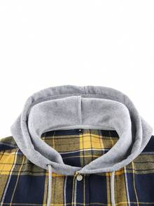 1 件男士格子纽扣连帽常规版型长袖衬衫，带双胸袋，休闲户外衬衫，秋季 - 黃色 - 查看 4