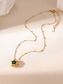 GEREIT 1pc 18k Gold Stainless Steel Flower Zirconia Pendant Necklace For Women, Versatile For Daily Wear