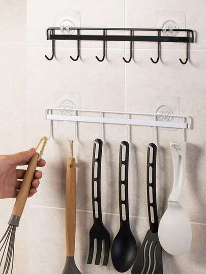 2个厨房用具挂钩，粘性壁挂式挂架，可挂放锅铲、量勺和其他厨房工具，无需钻孔，节省空间，6个挂钩，适用于浴室、卧室、衣柜、厨房、美食工作室、露营车等场所。