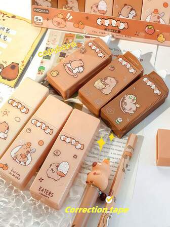 1pc/3pcs/6pcs Capybara Correction Tape, Luxury Large Capacity Silky Correction Tape, Like Writing, Color Random Send Correction Tape, Small And Easy To Carry, Correction Belt Available Length, (1 Bag Of 6pcs) Clean And No Traces, School, Painting, Students, Stationery, Boys, Girls, School Supplies, Back To School Season, School Season