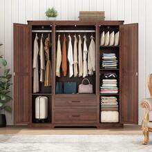 2/3/4 Doors Wardrobe Armoire Closet With Doors And Drawers, Farmhouse Wooden Armoire Storage Cabinet With Shelves & Hanging Rod For Bedroom - 棕色 - 查看 6