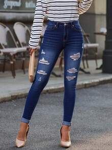 Women's Ripped Stretch Skinny Jeans - Dark Wash - View 2