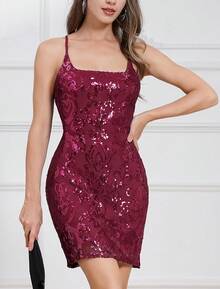 Sequin Homecoming Dresses Teens Women Sparkly Strap Bodycon Cocktail Party Night Prom Dress Vestidos De Fiesta ElegantesHalloween Christmas New Year - 紫紅色 - 查看 2