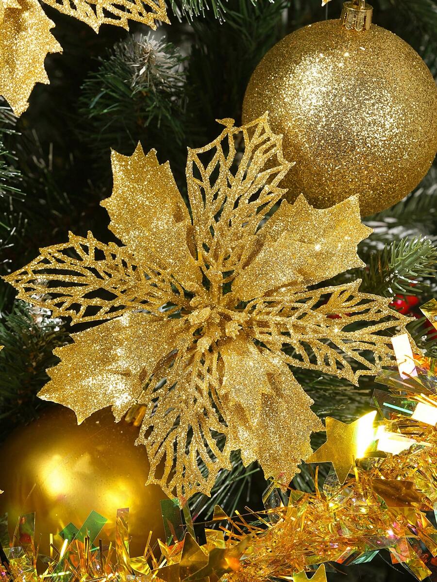 1件/10件/20件裝 一品紅亮面鏤空網格聖誕花夾飾，聖誕花環與聖誕樹花卉裝飾，適用新年聖誕派對、聖誕樹裝飾與節日派對裝飾（金色）