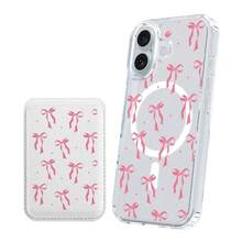[Magnetic Mobile Phone Case + PU Leather Magnetic Phone Card Holder]  For Sam Galaxy S22 S23 S24 FE Ultra S25 Edge Transparent Wireless Charging, Cherry, Bow, Heart, Dot And Floral Design Cellphone Protective Cover For IPhone 17 Air 16 15 14 13 12 11 Plus Pro X XS Max Compatible With MagSafe - 蝴蝶結豹紋和櫻桃色 - 查看 2
