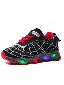 MGO Kidss Buty sportowe do biegania i treningu MGO dla dzieci, lekkie, oddychające, antypoślizgowe, z motywem pajęczej sieci, z diodami LED i sznurowadłami, dla chłopców i dziewcząt