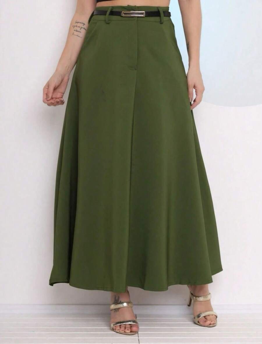 Women's Long Round Skirt Tailored Oxford Fashion Evangelical Casual Basic Winter High Waist Elegant - 軍綠色 - 查看 1