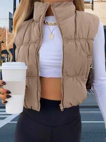 Women's Crop Puffer Vest Winter Zip Up Lightweight Sleeveless Warm Outerwear Padded Coat - 卡其色 - 查看 1