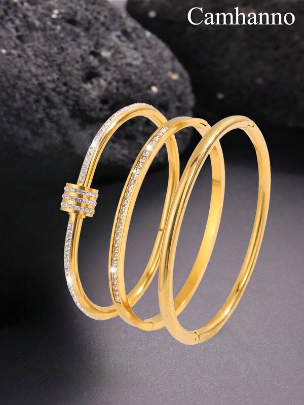 Camhanno 3pcs Of Niche Fashionable And Elegant Stainless Steel Ring Bracelets Suitable For Women's Daily Wear Or Special Occasions, Used For Leisure, Weddings, Parties, And Holiday Gifts For Friends, Girlfriends, And Mothers