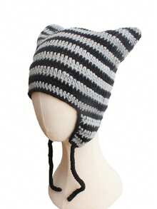 1pc Unisex Hand Knitted Cute Striped Cat Ear Beanie Hat, Autumn Winter Warm Ear Protective Handmade Striped Ski Mask Street Fashion Hip-Hop Couple Headwear - Multicolor - View 46