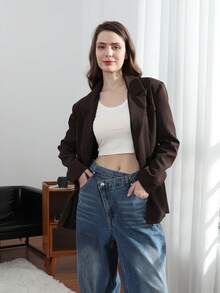 HH Women's White Turn-Down Collar Long Sleeves Lace-Up Blazer - Mocha Brown - View 6