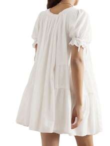 Baby Doll Mini Dress For Women Summer Solid Color Loose Bubble Short Sleeve Scoop Neck Dress - trắng - Xem 5