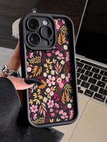1pc Thickened Anti-Fall Flower Printed Phone Case Compatible With IPhone And Compatible With Samsung Phones Waterproof Shockproof Scratch Resistant - Black - View 1
