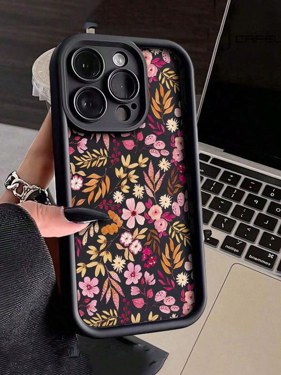 1pc Thickened Anti-Fall Flower Printed Phone Case Compatible With IPhone And Compatible With Samsung Phones Waterproof Shockproof Scratch Resistant - Black - View 1