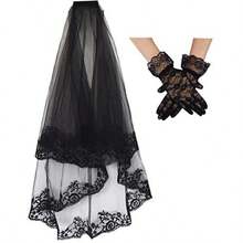 Eddingjiebor Black Lace Veil Bridal Edding Veils Loeen Veil Ih Comb And Gloves - As Pic - View 1