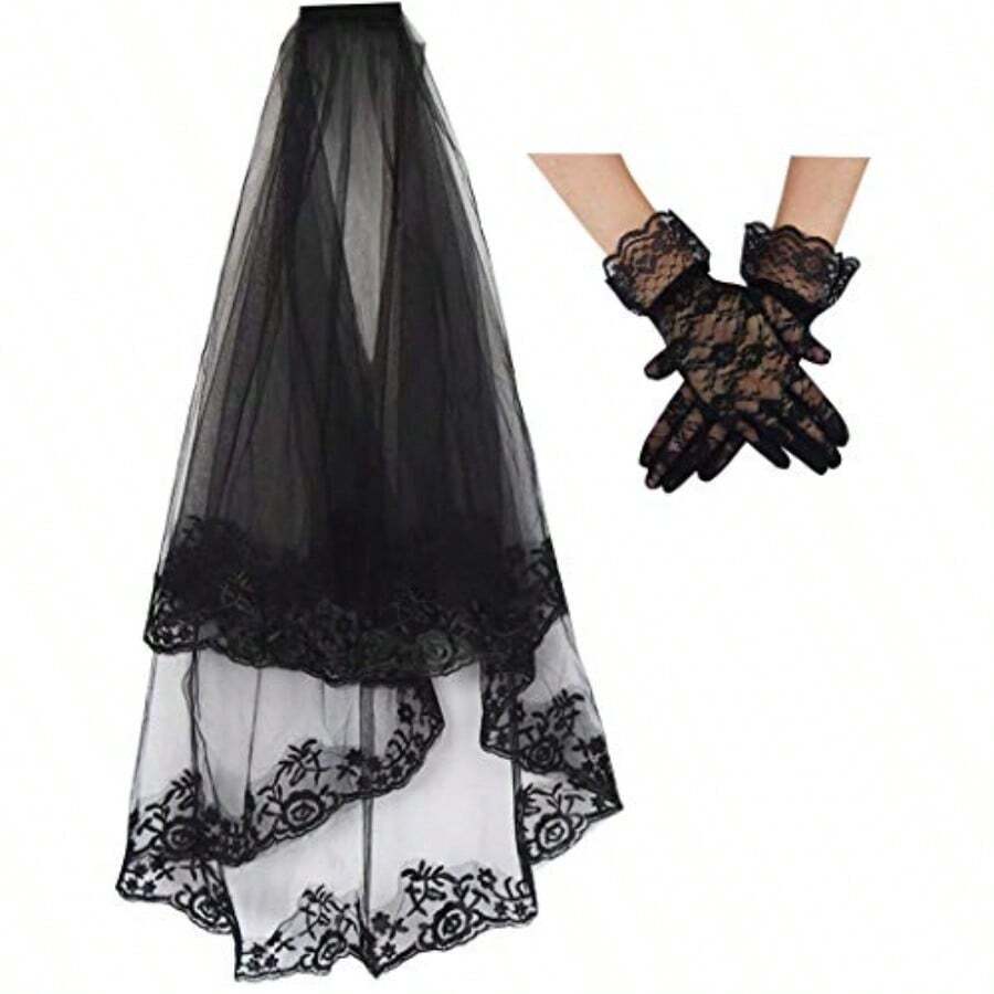 Eddingjiebor Black Lace Veil Bridal Edding Veils Loeen Veil Ih Comb And Gloves - As Pic - View 1