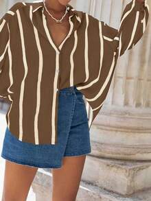 Áo sơ mi nam kẻ sọc oversized cho nữ, áo cánh cài nút phía trước ngắn phía sau dài, thường ngày, phù hợp cho mùa xuân, hè, thu - Dải mơ nâu - Xem 3